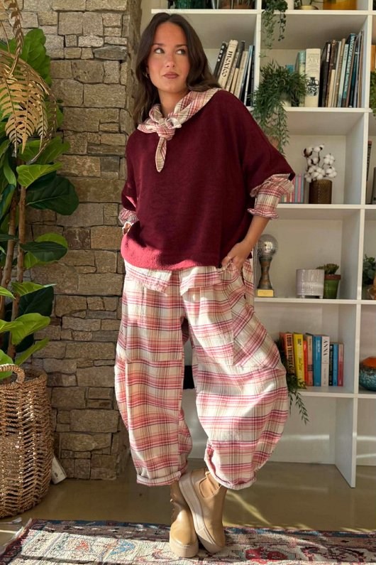 Agnes Plaid Brushed Cotton Barrel Pant Pink